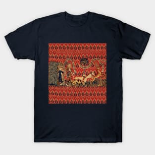 WILD PEOPLE IN DEER HUNT Antique Red Floral Tapestry with Animals T-Shirt